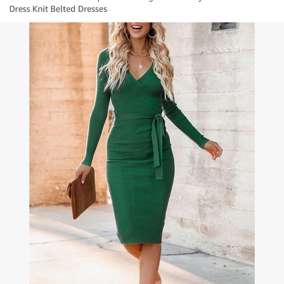 Women’s wrap neck long sleeve body con midi sweater dress knit belted dress S - Picture 4 of 8